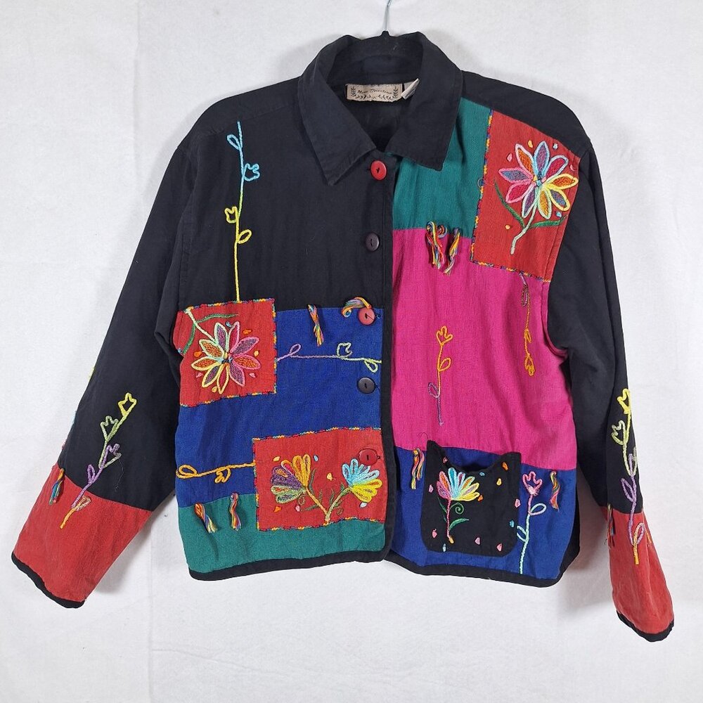 Vintage Multi Color Stitched Womens Jacket Cottagecore Cozy Shabby Chic